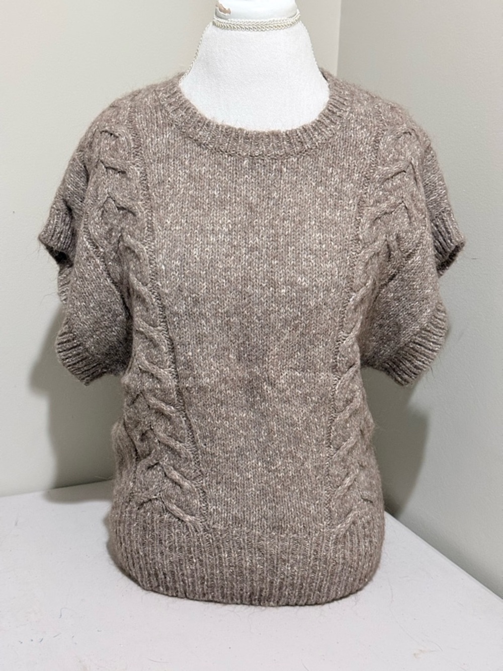 ruby moon Taupe Cable-Knit Short Sleeve Crewneck Sweater